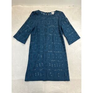 Chicos Dress‎ Women's Size 2 Teal Blue Crochet Knit 3/4 Sleeve